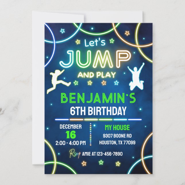 Jump Birthday-inbjudan, Jump Inbjudan, Trampoline Inbjudningar (Framsida)
