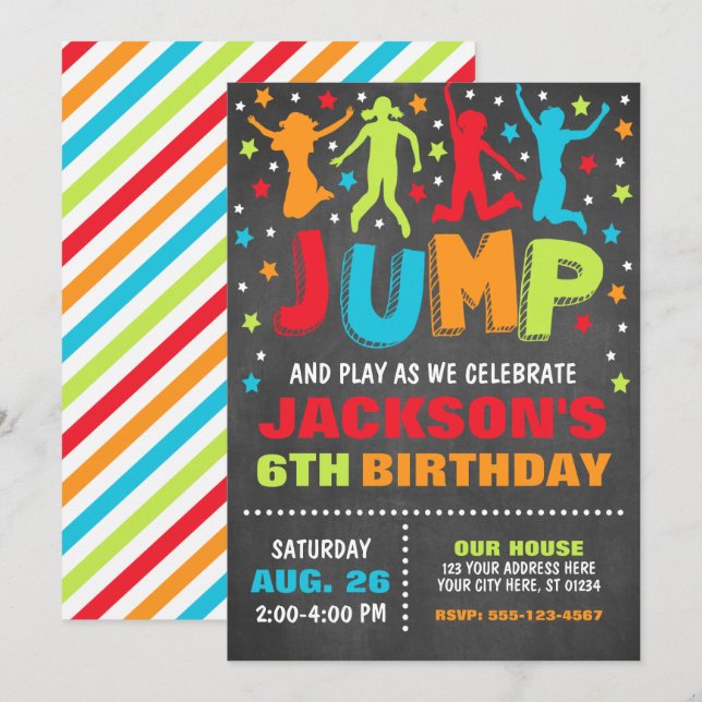 Jump Birthday-inbjudan, Trampoline Bouning House Inbjudningar (Fram/baksida)