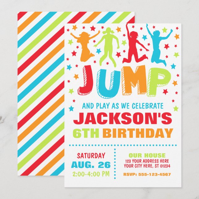 Jump Birthday-inbjudan, Trampoline Bouning House Inbjudningar (Fram/baksida)