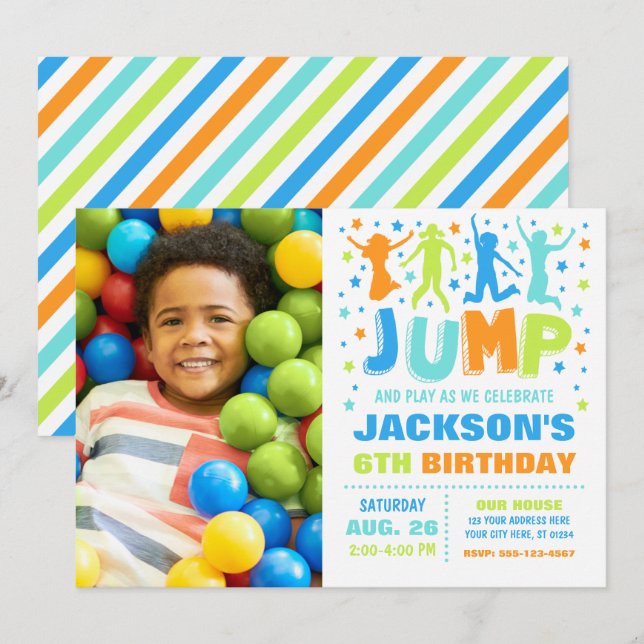 Jump Birthday-inbjudan, Trampoline Bouning House Inbjudningar (Fram/baksida)