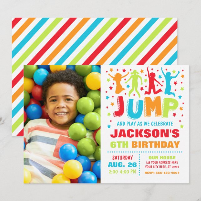 Jump Birthday-inbjudan, Trampoline Bouning House Inbjudningar (Fram/baksida)