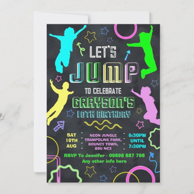 Jump birthday invitations, trampolining party inbjudningar (Framsida)