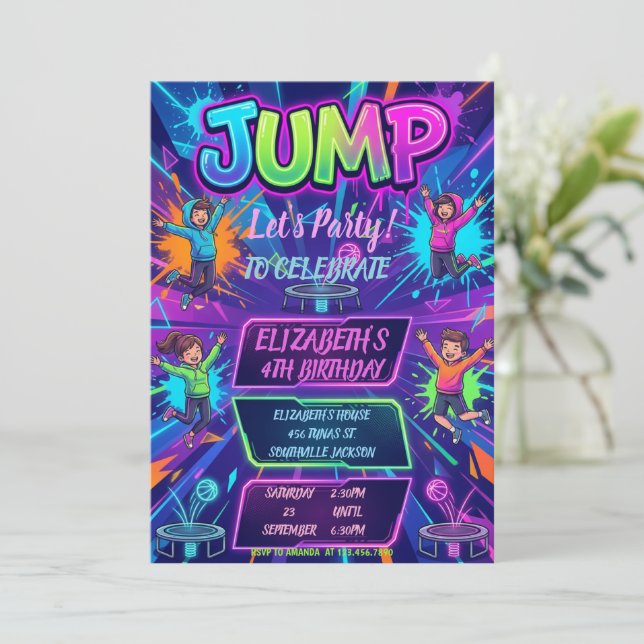 Jump Birthday Party Tie Dye Neon Glow Jump Party Inbjudningar (Stående Fram)