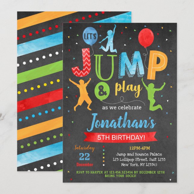 Jump Bounds Trampoline Park Birthday-inbjudan Inbjudningar (Fram/baksida)