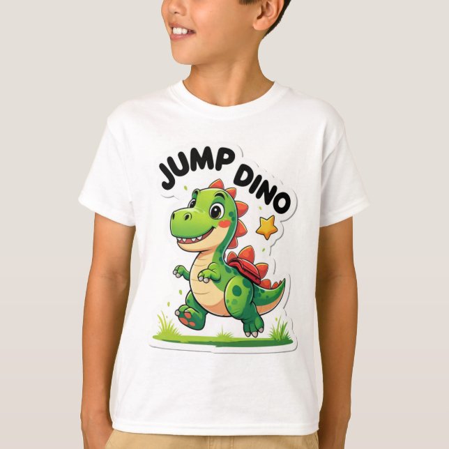 Jump Dino - Spårbar Tecknad-etikett T-Shirt (Framsida)
