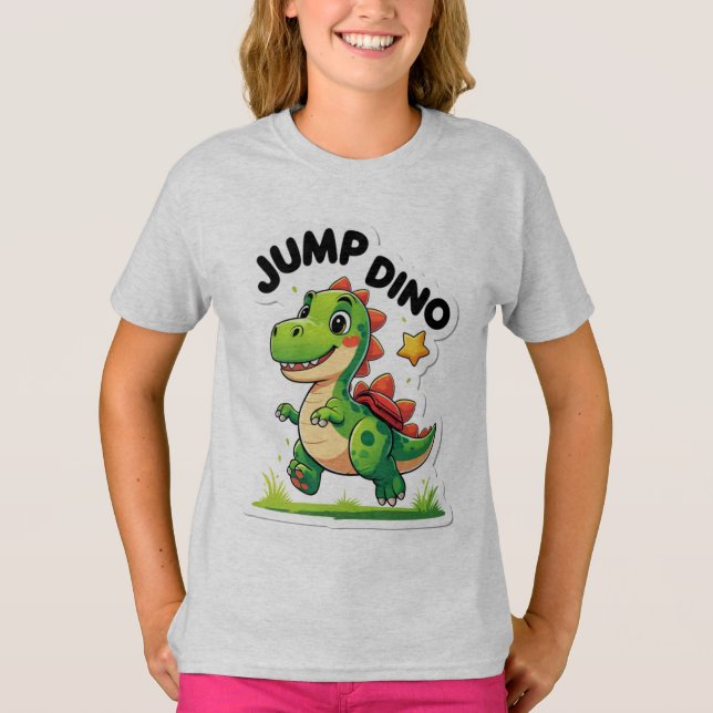 Jump Dino - Spårbar Tecknad-etikett T-Shirt (Framsida)