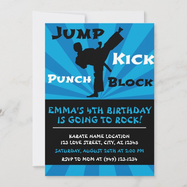Jump Slå Kick Block Karate Party Birthday Inbjudningar (Framsida)