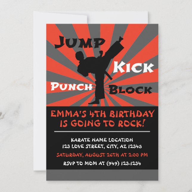 Jump Slå Kick Block Karate Party Birthday Inbjudningar (Framsida)