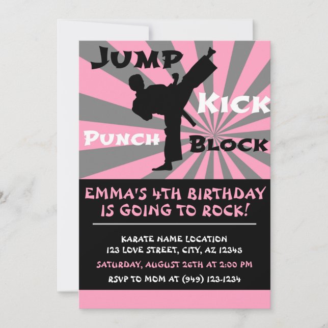 Jump Slå Kick Block Karate Party Birthday Inbjudningar (Framsida)