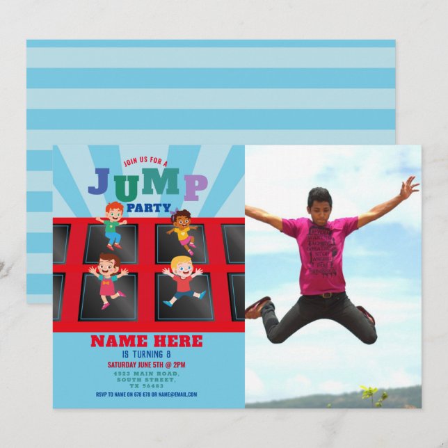 Jump Trampoline Birthday Blue Boys Photo Inbjudningar (Fram/baksida)
