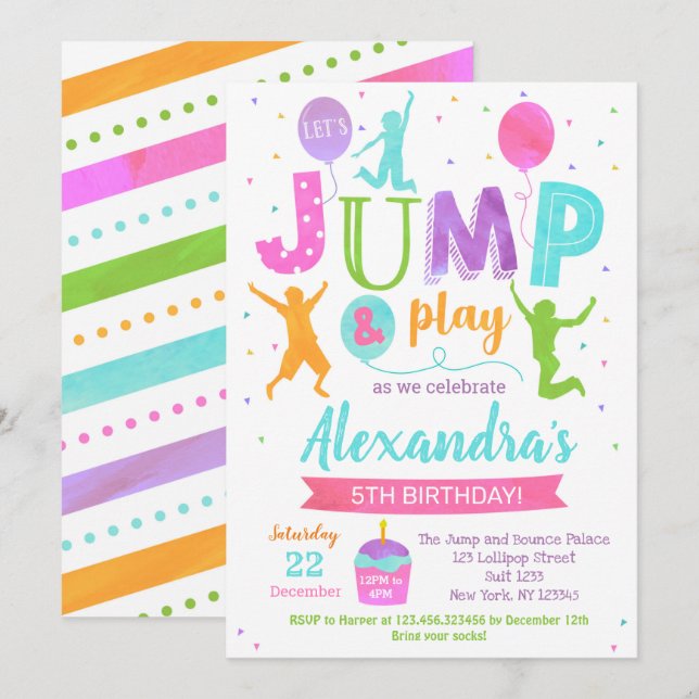 Jump Trampoline Park Birthday-inbjudan Flicka Inbjudningar (Fram/baksida)