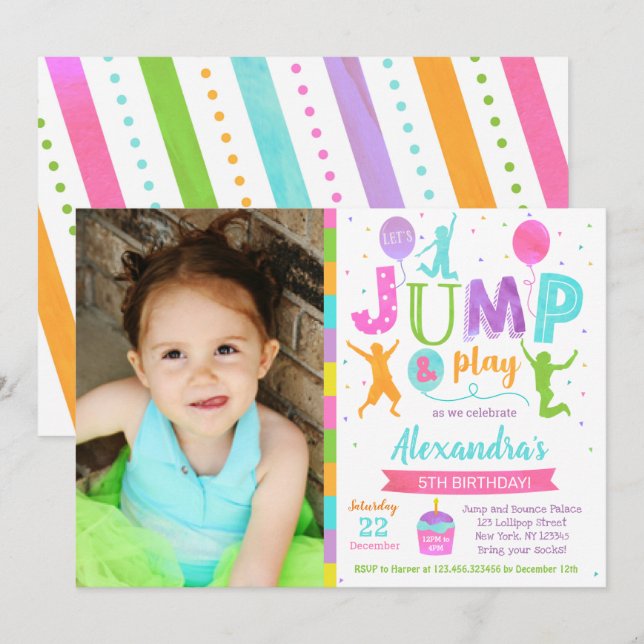 Jump Trampoline Park Birthday-inbjudan Flicka Inbjudningar (Fram/baksida)
