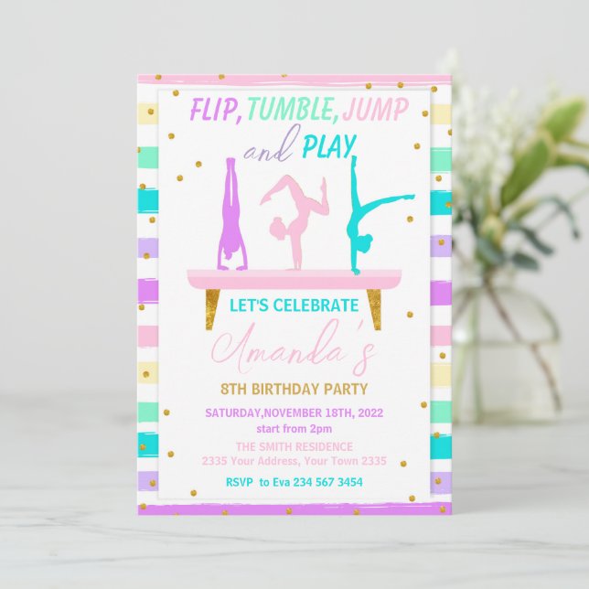 Jump Tumble and Play Gymnastics Birthday Party Inbjudningar (Stående Fram)