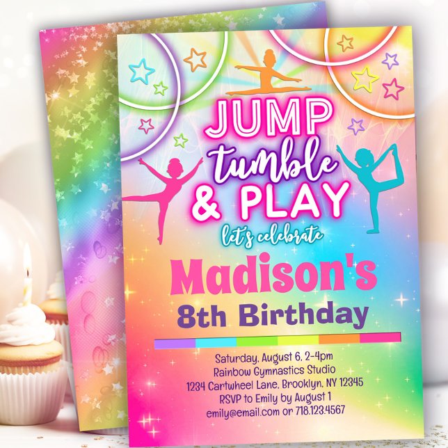 Jump Tumble & Play Rainbow Gymnastics Birthday Inbjudningar (Skapare uppladdad)
