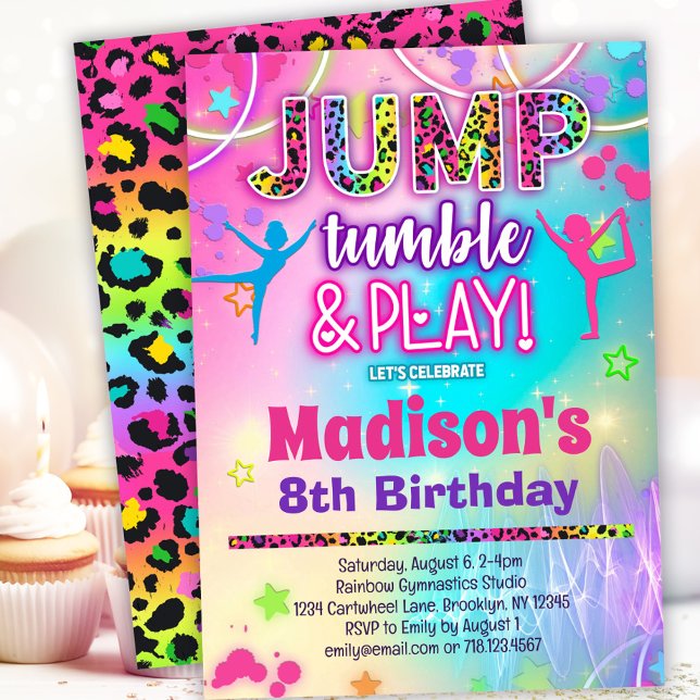 Jump Tumble & Play Rainbow Leopard Gymnastics Inbjudningar (Skapare uppladdad)
