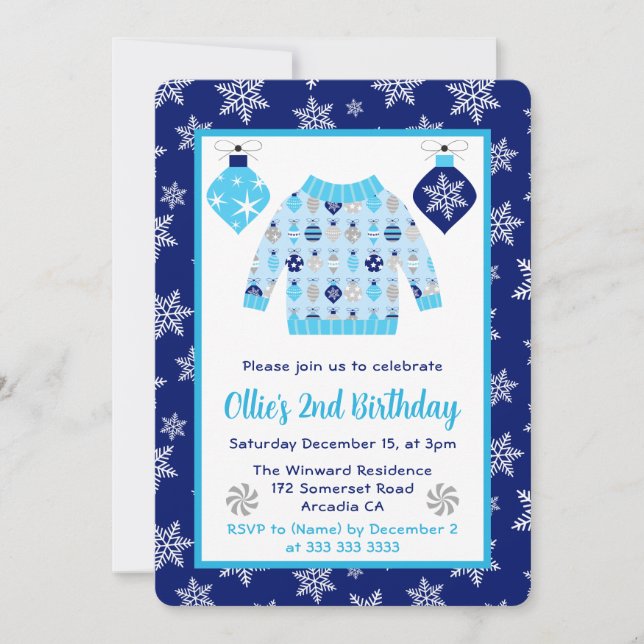 Jumperna Cute Blue och Grått Jul på födelsedagen Inbjudningar (Framsida)