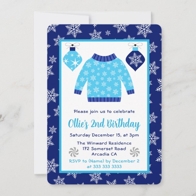 Jumperna Cute Blue och Grått Jul på födelsedagen Inbjudningar (Framsida)
