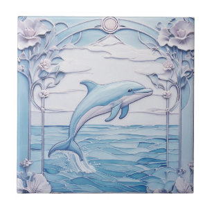 Jumping Dolphin Art nouveau Faux Relief Light Blue Kakelplatta