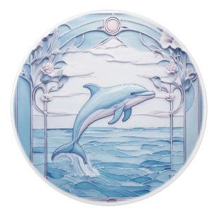 Jumping Dolphin Art nouveau Faux Relief Light Blue Knopp