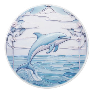 Jumping Dolphin Art nouveau Faux Relief Light Blue Knopp