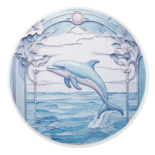 Jumping Dolphin Art nouveau Faux Relief Light Blue Knopp