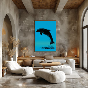 Jumping Dolphin Poster - Black Silhouette på Blue