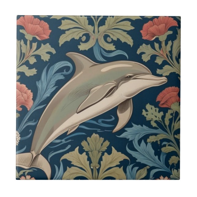 Jumping Dolphin William Morris stil Höger vänd mot Kakelplatta (Framsidan)