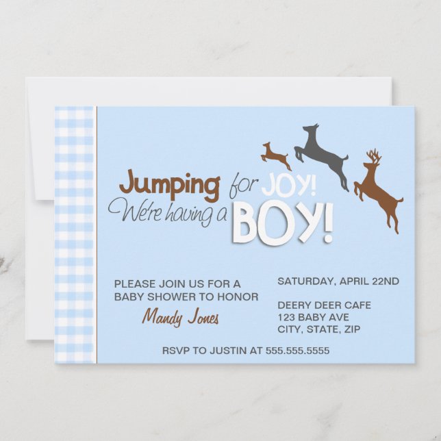 Jumping för inbjudan till Joy Blue Boy Baby Shower (Framsida)