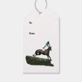 Jumping Horse Jockey in Green Gift Tag Presentetikett