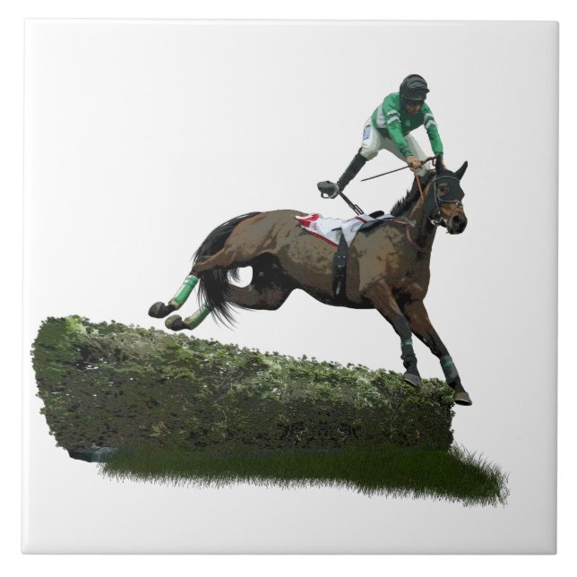 Jumping Horse Jockey in Grönt Ceramic Tile Kakelplatta (Framsidan)