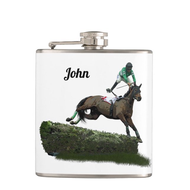 Jumping Horse Jockey in Grönt Drink Flask Fickplunta (Framsidan)