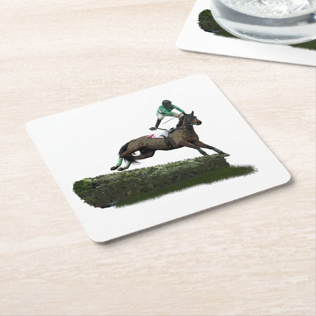 Jumping Horse Jockey in Grönt Papper Underlägg Kvadrat (Vinklad)