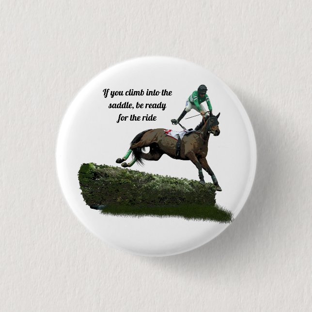 Jumping Horse Jockey in Grönt Pin Button Knapp (Framsida)