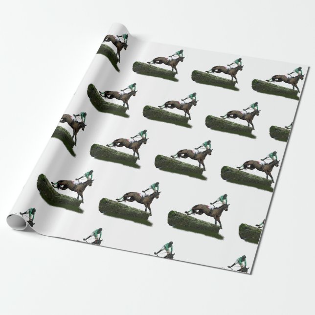 Jumping Horse Jockey in Grönt Wrapping Papper Presentpapper (Utrullad)