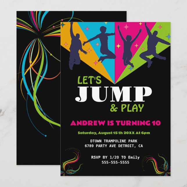 Jumping Jubilation: Trampoline Park Birthday Inbjudningar (Fram/baksida)