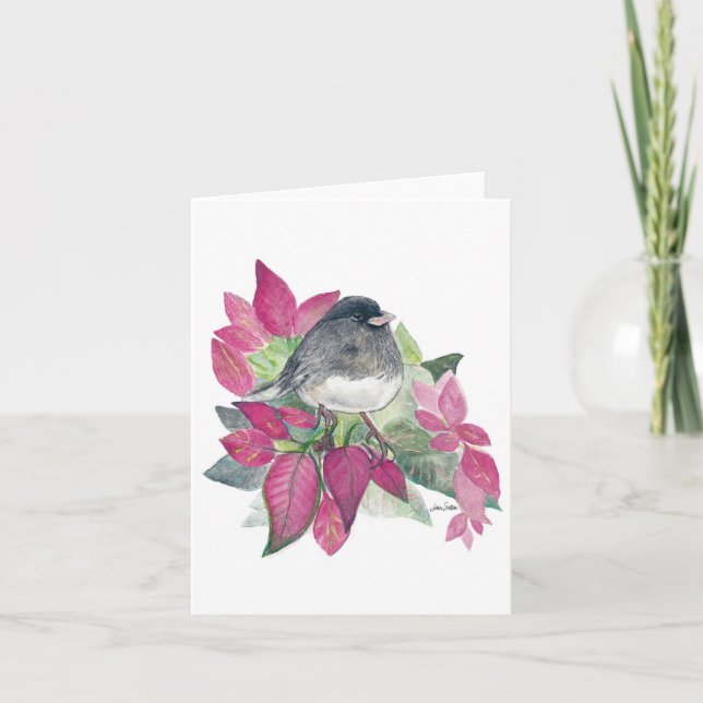 Junco Bird Flowers-kort med mörk Kort (Framsida)