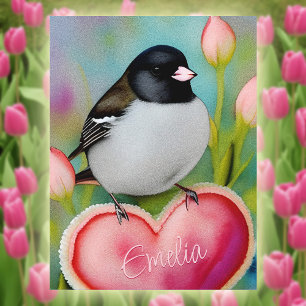 Junco Valentine Heart Cute Tulip Garden Bird +Namn Vykort
