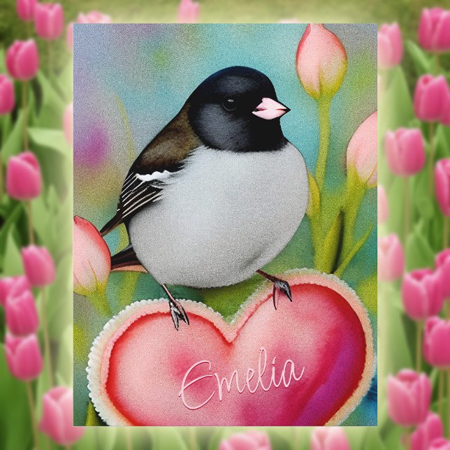 Junco Valentine Heart Cute Tulip Garden Bird +Namn Vykort (Skapare uppladdad)