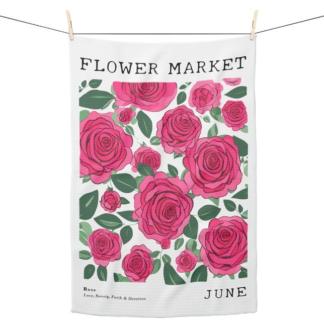 June Birkeland Flower Market Rosa ros Blommigt Skr Kökshandduk (Personalized June Birth Flower Market Kitchen Towel, Custom Floral Print Kitchen Towel, Rose Print)