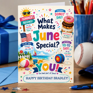 June Birthday Card for Boys Custom Name Summer Fun Kort