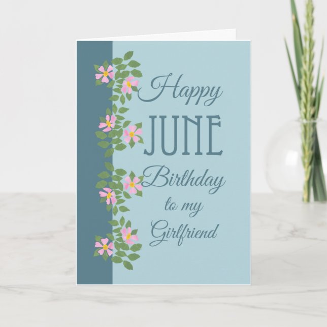 June Birthday Card, Girlkompis: Dogroses on Blue Kort (Framsida)