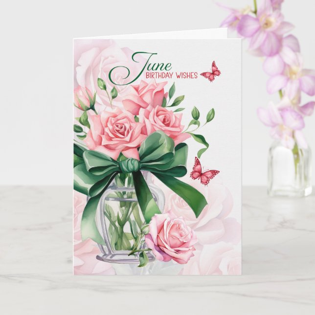 June Birthday Pink Roses with Butterflies Kort (Orkide)