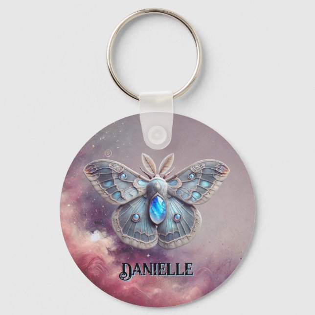 June Birthstone Keychain - Moonstone Moth Design Nyckelring (Framsida)