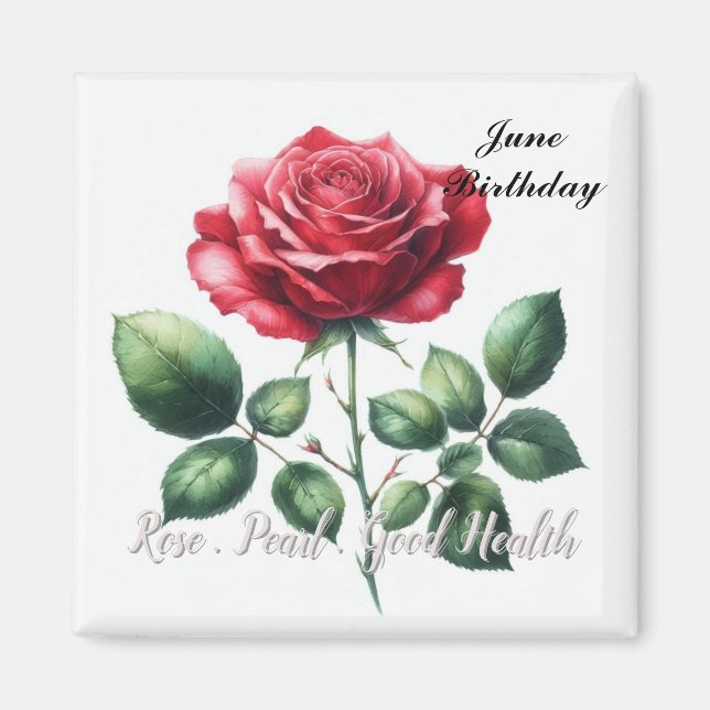 June Birthstone Pearl och Röd ros Magnet (Framsidan)