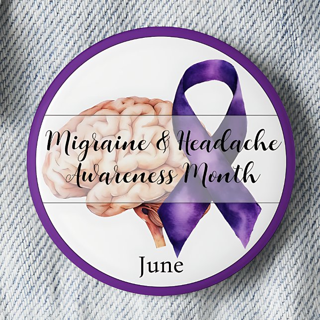 June Migraine & Headache Awareness Månad Knapp (Migraine & Headache Awareness Month.  June. Purple awareness ribbon.)