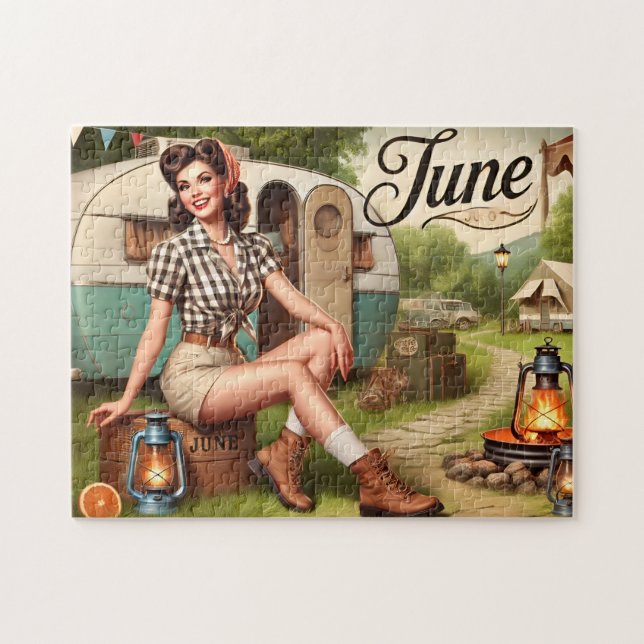 June Retro Summer Camping Pin-Up Girl  Pussel (Horisontell)