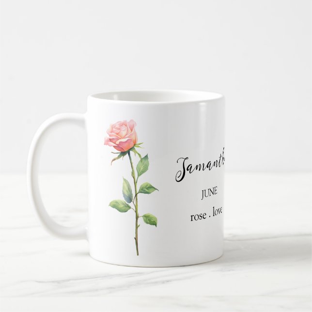 JUNE ROSE BIRTH FLOWER MONTH NAME GIFT COFFEE MUG KAFFEMUGG (Vänster)