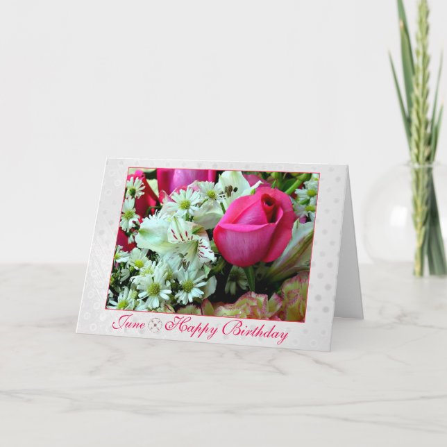 June Stunning Rosa Röd ros Birthday Month Kort (Framsida)