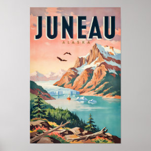 Juneau Alaska Glacär Illustration Resa Konst Vint Poster