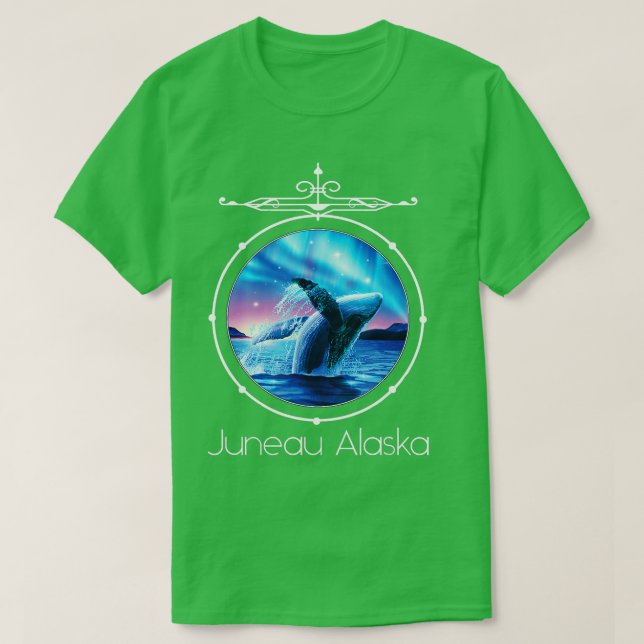 Juneau Alaska Whale tittar på Aurora Borealis Souv T Shirt (Design framsida)